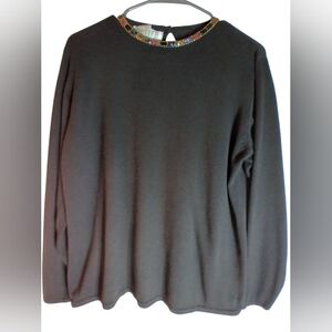 Petite Sophistcate Black Long Sleeve Top with Jeweled Collar Lightweight Size M